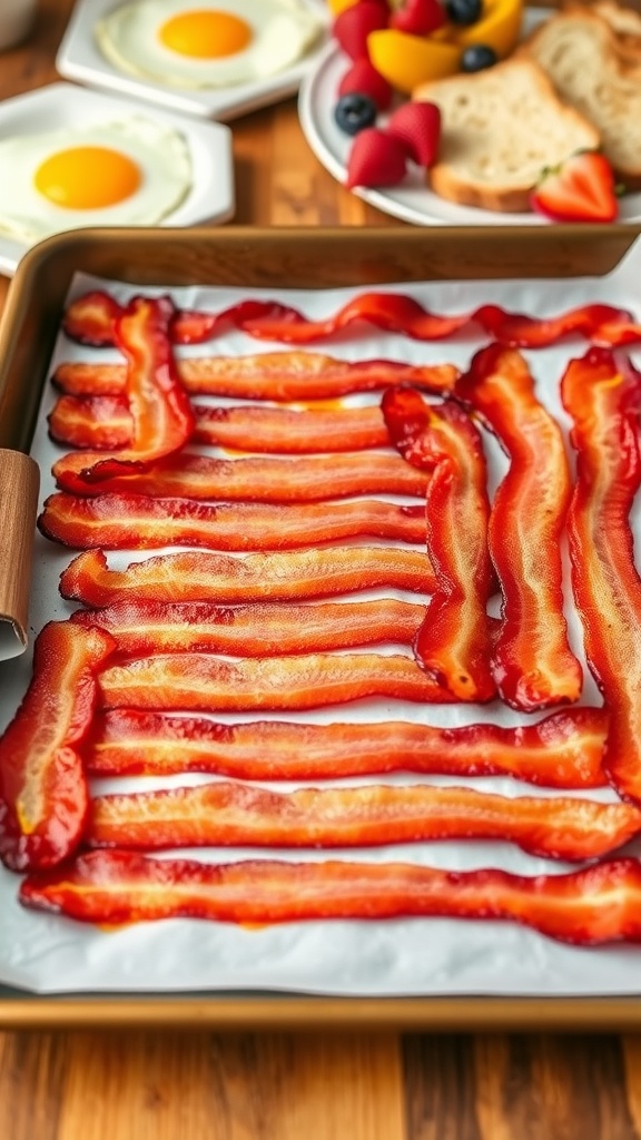 Crispy oven-baked bacon strips on a parchment-lined baking sheet.